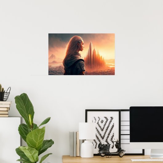 Zonnetijd op een stad van de toekomst poster (Thuiskantoor)