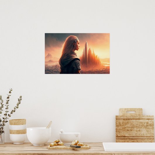 Zonnetijd op een stad van de toekomst poster (Keuken)