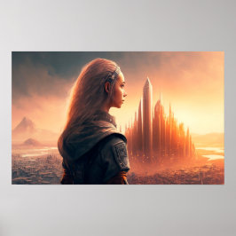 Zonnetijd op een stad van de toekomst poster