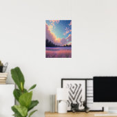 Zonnetijd over een gebied van Roze en Blauwe Bloem Poster (Thuiskantoor)