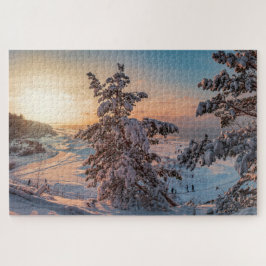 Zonnetijd voor de wintersneeuwkust van het zee legpuzzel