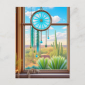 Zonnevanger in het raam met woestijnachtergrond briefkaart (Voorkant)