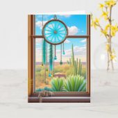 Zonnevanger in het raam met woestijnachtergrond kaart (Gele Bloem)