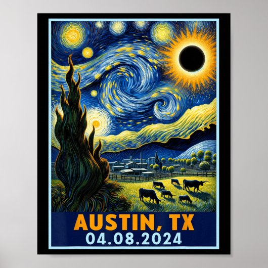 Zonneverduistering 2024 Austin Texas Van Gogh Ster Poster (Voorkant)
