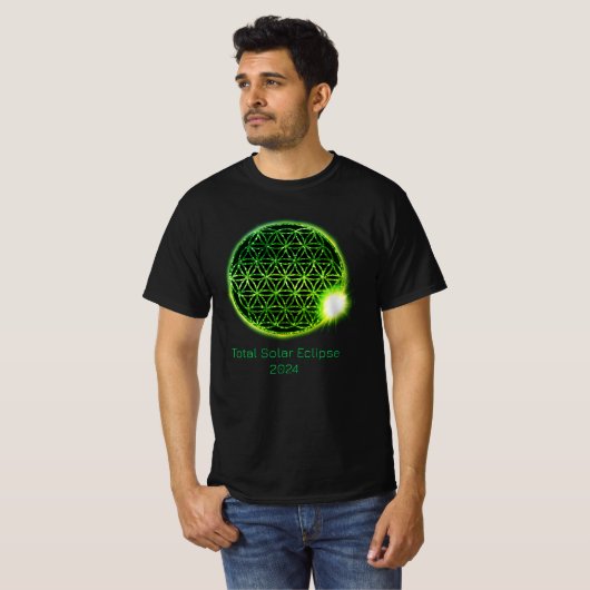 Zonneverduistering 2024 Groene sprankelende bloem  T-shirt (Voorkant volledig)