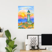 Zonnevuurtoren voor de Waterverf van de Oceaan Poster (Thuiskantoor)