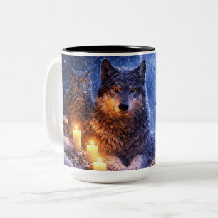 Zonnewende Geïnspireerde Wolf Raaf en Uil Tweekleurige Koffiemok