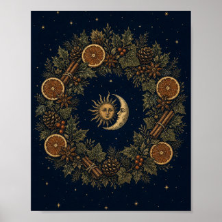 Zonnewende Krans Zon en Maan Yule Botanische Kunst Poster