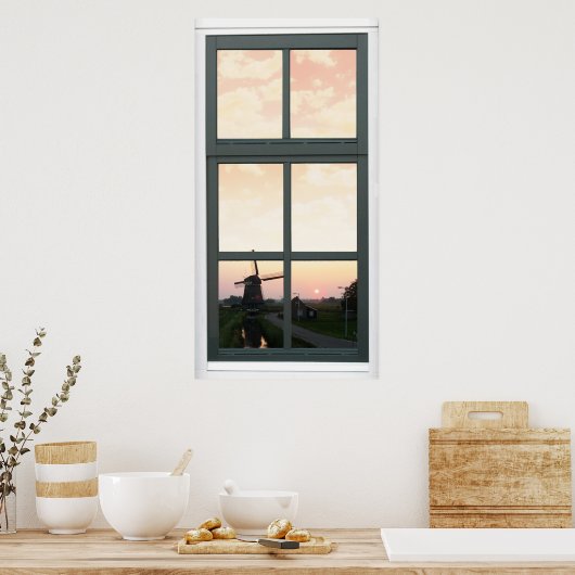 Zonnewestrandschap Windmill Faux Uitzicht Poster (Keuken)