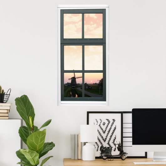 Zonnewestrandschap Windmill Faux Uitzicht Poster (Thuiskantoor)