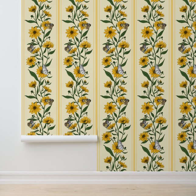 Zonnewortel bloemenstreep op gebroken wit behang (Applicatie)