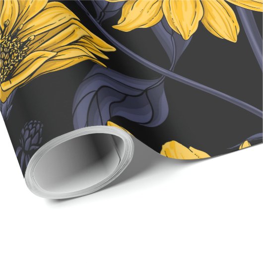 Zonnewortel, wilde zonnebloem in geel en blauw cadeaupapier (Rol Hoek)