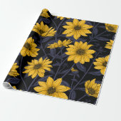 Zonnewortel, wilde zonnebloem in geel en blauw cadeaupapier (Uitgerold)