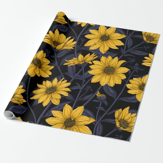 Zonnewortel, wilde zonnebloem in geel en blauw cadeaupapier (Uitgerold)