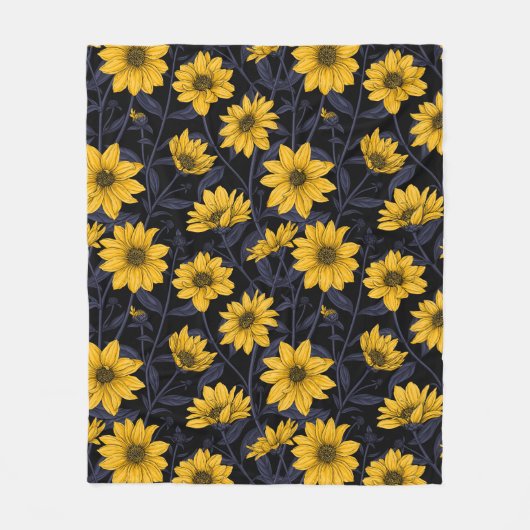 Zonnewortel, wilde zonnebloem in geel en blauw fleece deken (Voorkant)