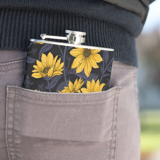 Zonnewortel, wilde zonnebloem in geel en blauw heupfles (Voorbeeld)