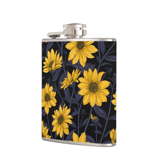 Zonnewortel, wilde zonnebloem in geel en blauw heupfles (Links)