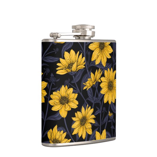 Zonnewortel, wilde zonnebloem in geel en blauw heupfles (Rechts)