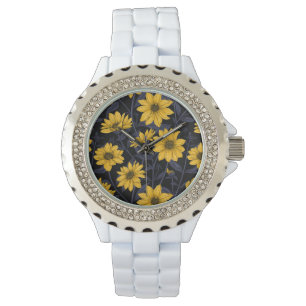 Zonnewortel, wilde zonnebloem in geel en blauw horloge