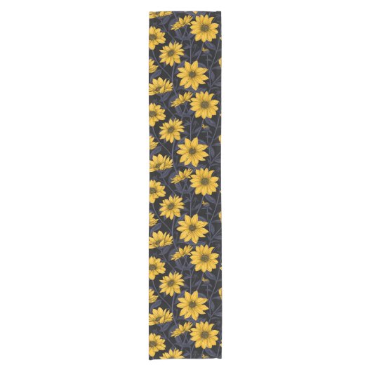 Zonnewortel, wilde zonnebloem in geel en blauw korte tafelloper (Voorkant)