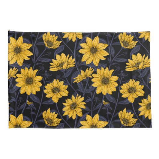 Zonnewortel, wilde zonnebloem in geel en blauw kussensloop (Achterkant-Rechts)