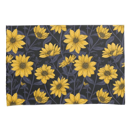 Zonnewortel, wilde zonnebloem in geel en blauw kussensloop (Voorkant-Rechts)