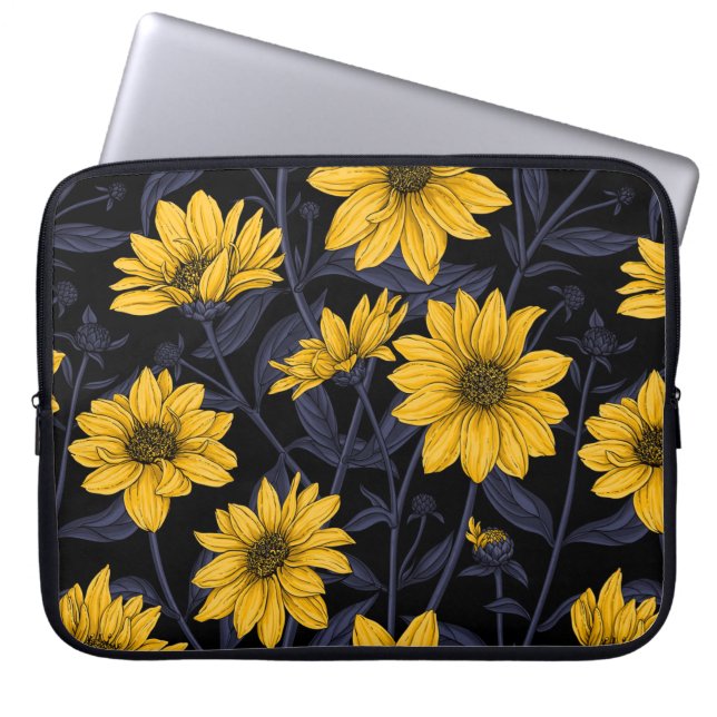 Zonnewortel, wilde zonnebloem in geel en blauw laptop sleeve (Voorkant)
