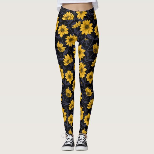 Zonnewortel, wilde zonnebloem in geel en blauw leggings (Voorkant)