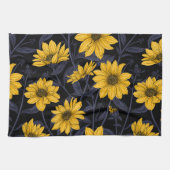 Zonnewortel, wilde zonnebloem in geel en blauw theedoek (Horizontaal)