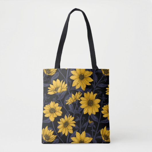 Zonnewortel, wilde zonnebloem in geel en blauw tote bag (Voorkant)