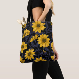 Zonnewortel, wilde zonnebloem in geel en blauw tote bag