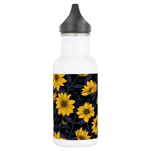 Zonnewortel, wilde zonnebloem in geel en blauw waterfles (Links)