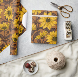 Zonnewortel, wilde zonnebloem in geel en bruin cadeaupapier
