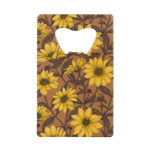 Zonnewortel, wilde zonnebloem in geel en bruin creditkaart flessenopener