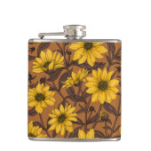 Zonnewortel, wilde zonnebloem in geel en bruin heupfles (Voorkant)