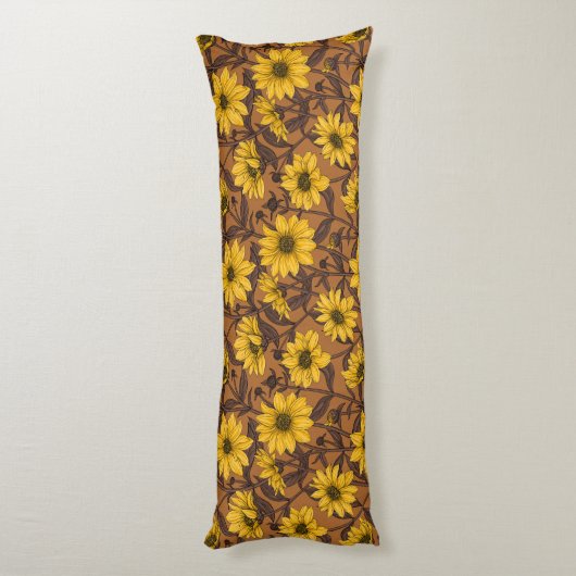 Zonnewortel, wilde zonnebloem in geel en bruin lichaamskussen (Achterkant (Verticaal))