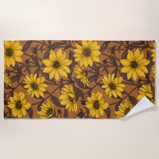 Zonnewortel, wilde zonnebloem in geel en bruin strandlaken (Voorkant)