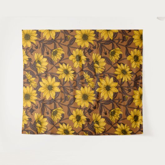 Zonnewortel, wilde zonnebloem in geel en bruin wandkleed (Voorkant (horizontaal))