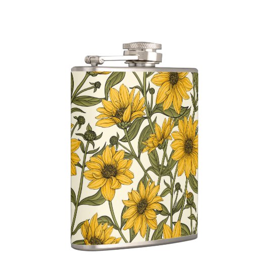 Zonnewortel, wilde zonnebloem op off white heupfles (Rechts)