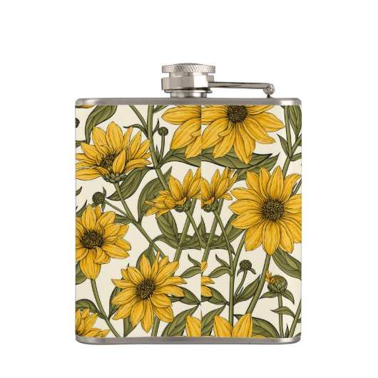 Zonnewortel, wilde zonnebloem op off white heupfles (Achterkant)