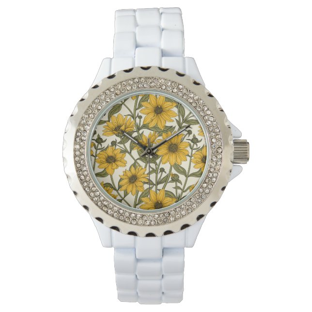 Zonnewortel, wilde zonnebloem op off white horloge (Voorkant)