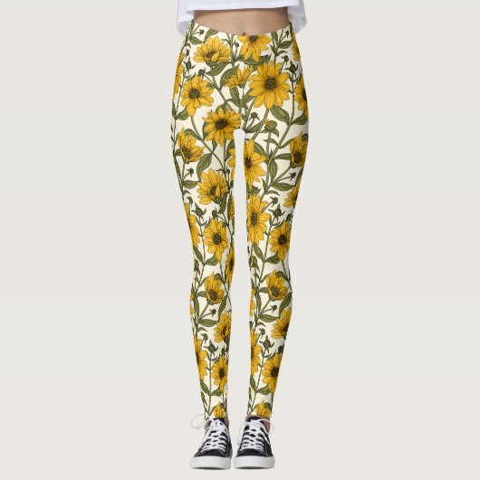 Zonnewortel, wilde zonnebloem op off white leggings (Voorkant)