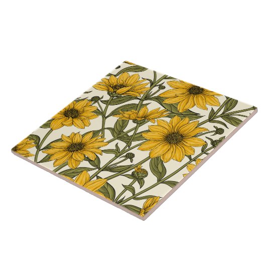 Zonnewortel, wilde zonnebloem op off white tegeltje (Zijkant)