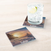 Zonnezone sneeuwkust zee glazen onderzetter (Schuin)