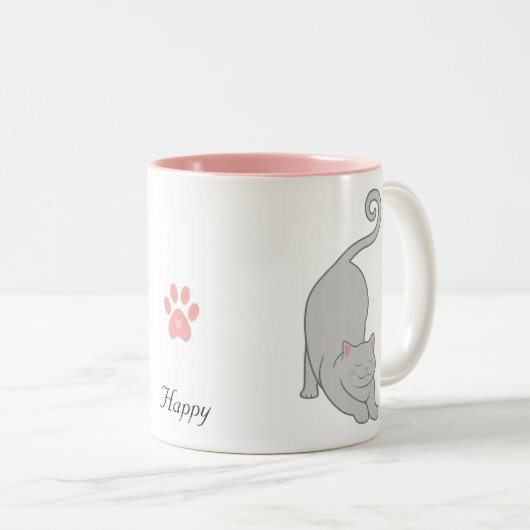 Zonnezouting naar beneden grijze katteyoga tweekleurige koffiemok (Voorkant rechts)