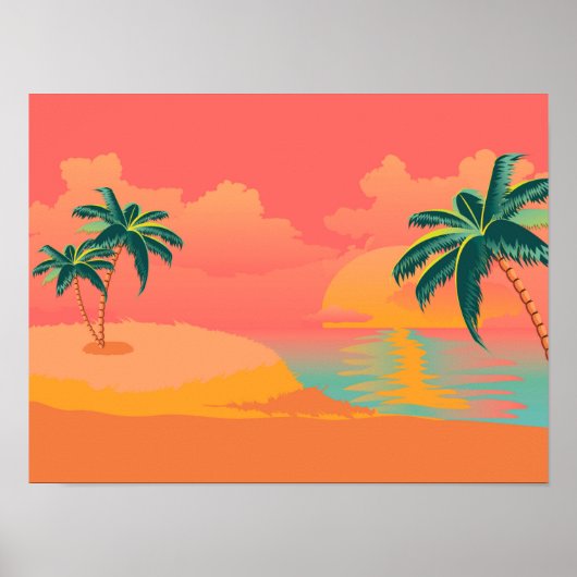 Zonnig eiland met palmbomen bij zonsopgang poster (Voorkant)