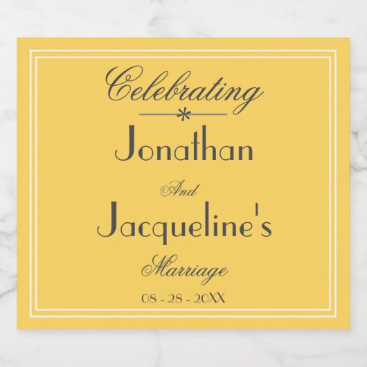 Zonnig geel Elegant Script Namen Eenvoudige bruilo Sparkling Wijnetiket (Enkel label)