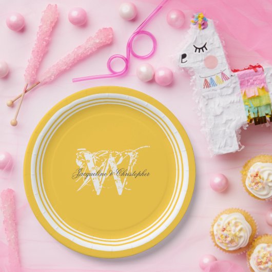 Zonnig geel en wit Elegant Monogram Bruiloft Papieren Bordje (Feest)
