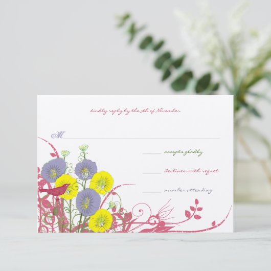 Zonnig Geel Violet Roze Wildflower Bloom Bruiloft RSVP Kaartje