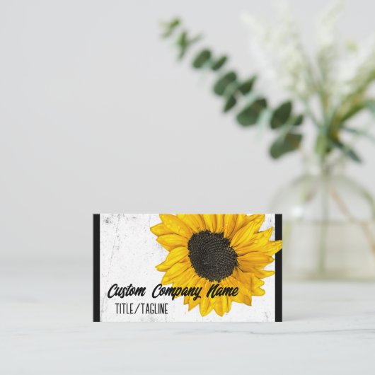 Zonnig geel zonnebloem op zwart en wit visitekaartje (Staand voorkant)
